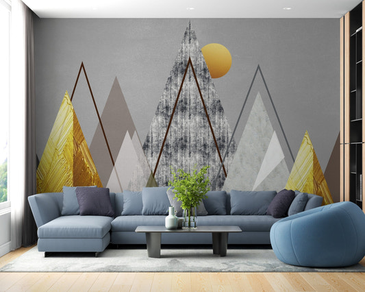 Modern living room with Geometric Horizon wallpaper on the main wall.