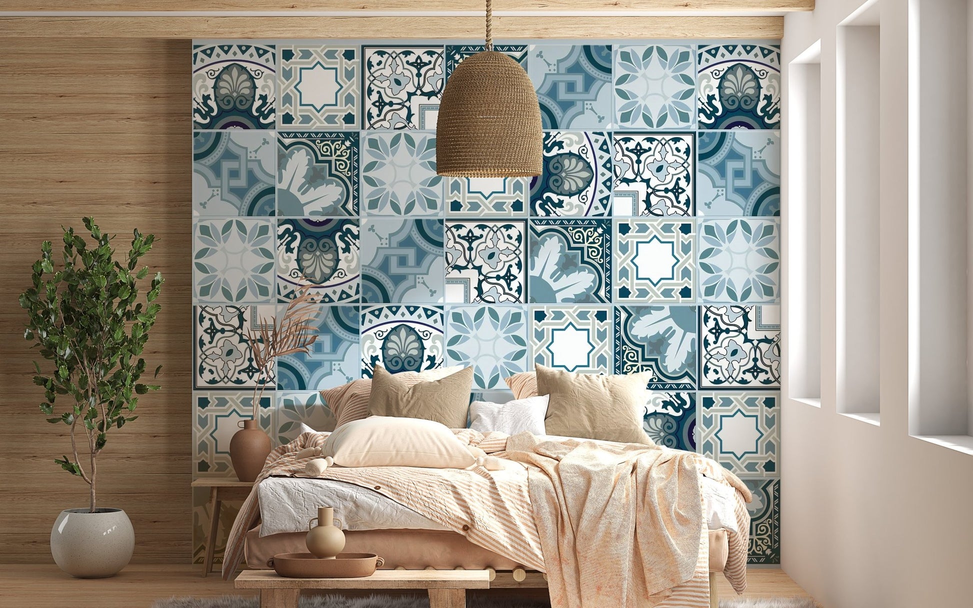 Artistic tile pattern wall mural in a sunlit room with wooden floors.