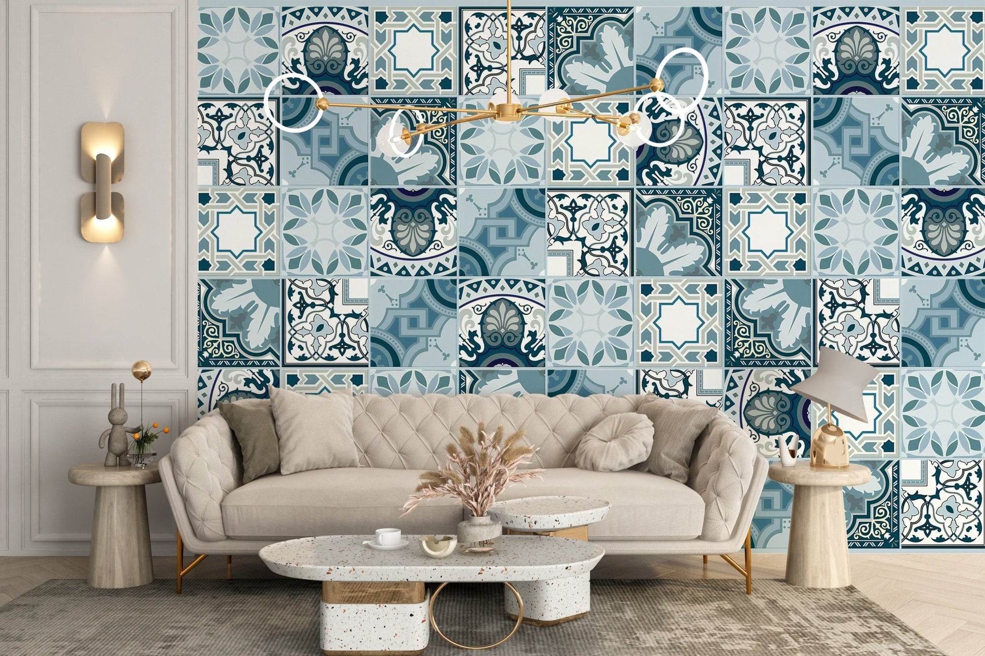 Modern living room showcasing blue floral and geometric wall mural designs.