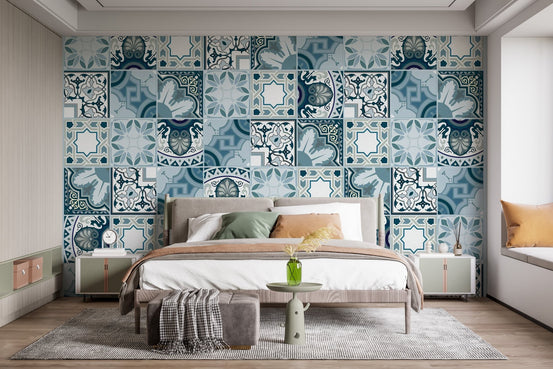 Geometric Mosaic Tile Harmony Wall Mural in a bedroom with teal accents.