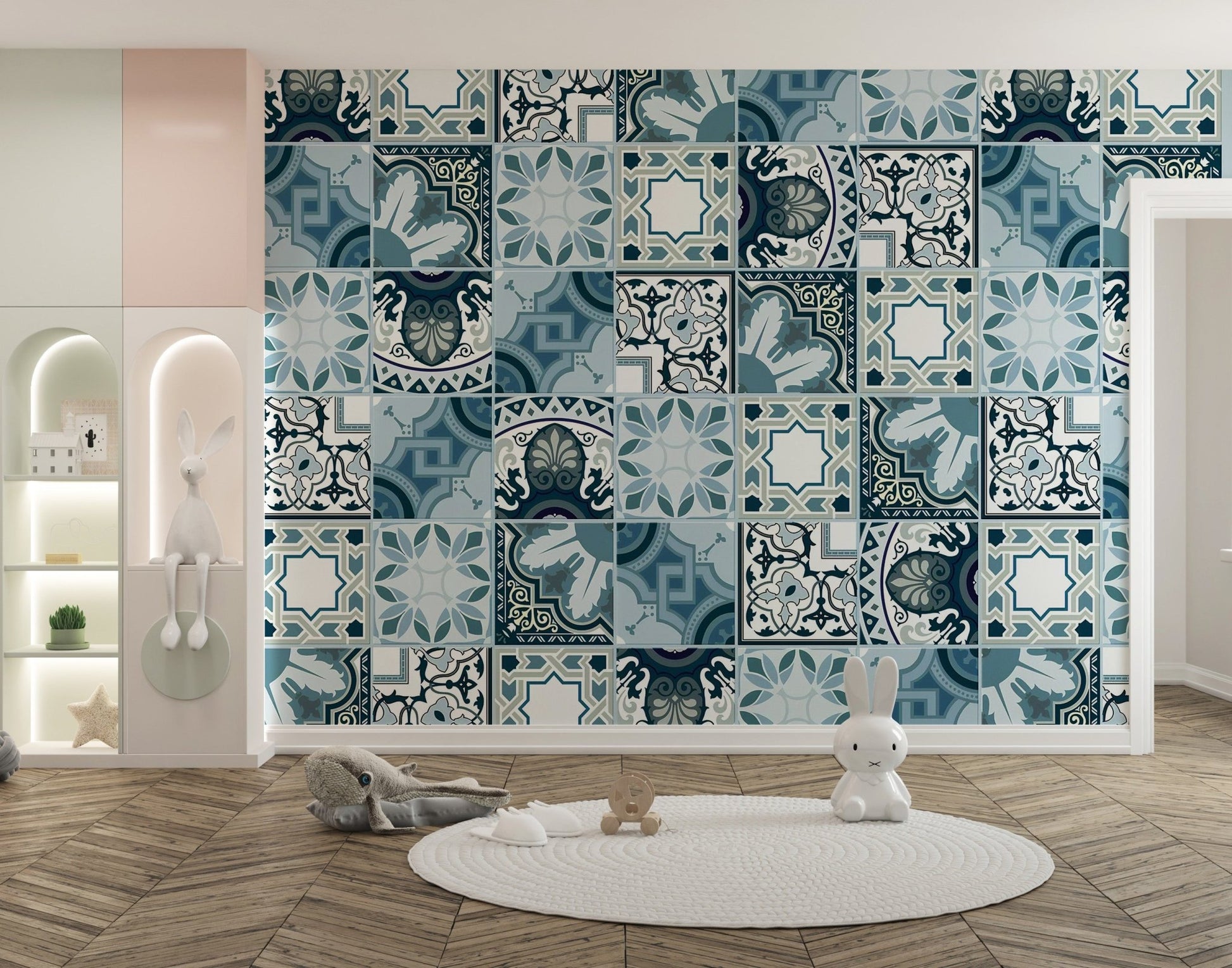 Teal and white geometric wall mural in a bright kids room.