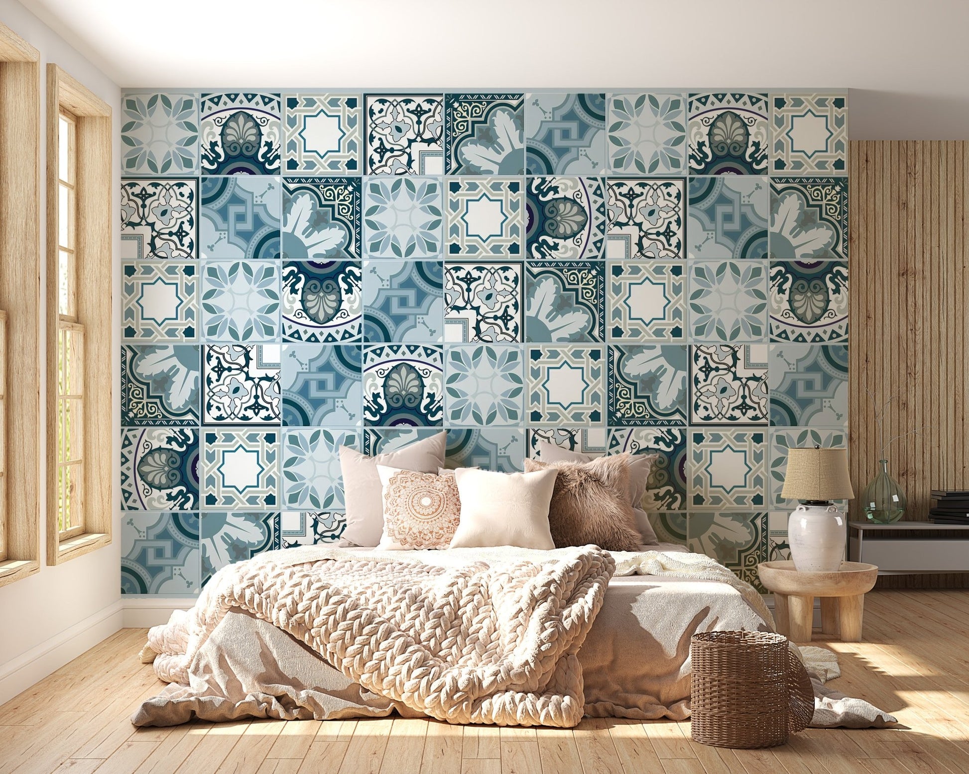 Geometric Mosaic Tile Harmony Mural used as a bedroom feature wall.