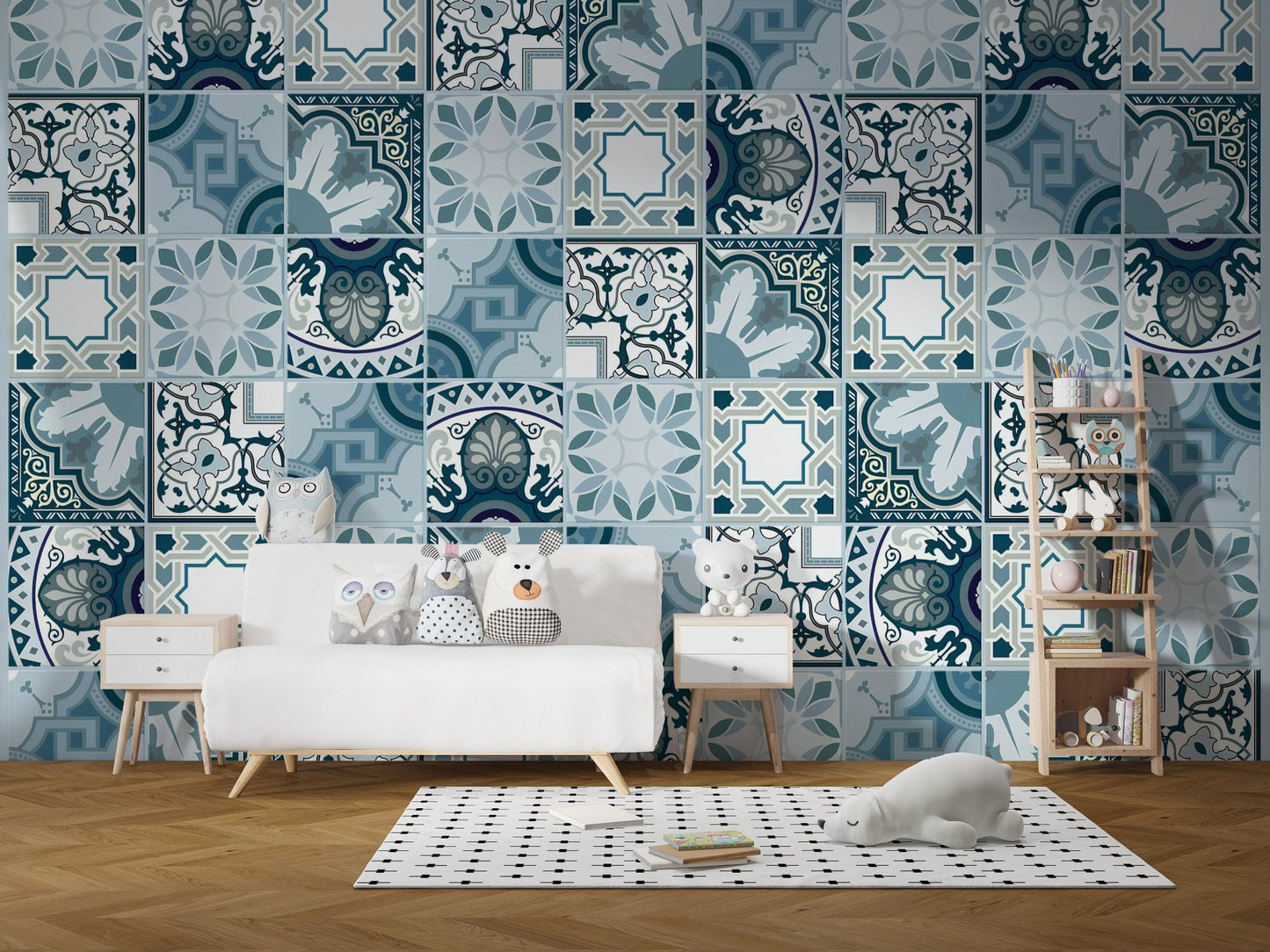 Geometric Mosaic Tile Harmony Wall Murals installed in a child's playroom.
