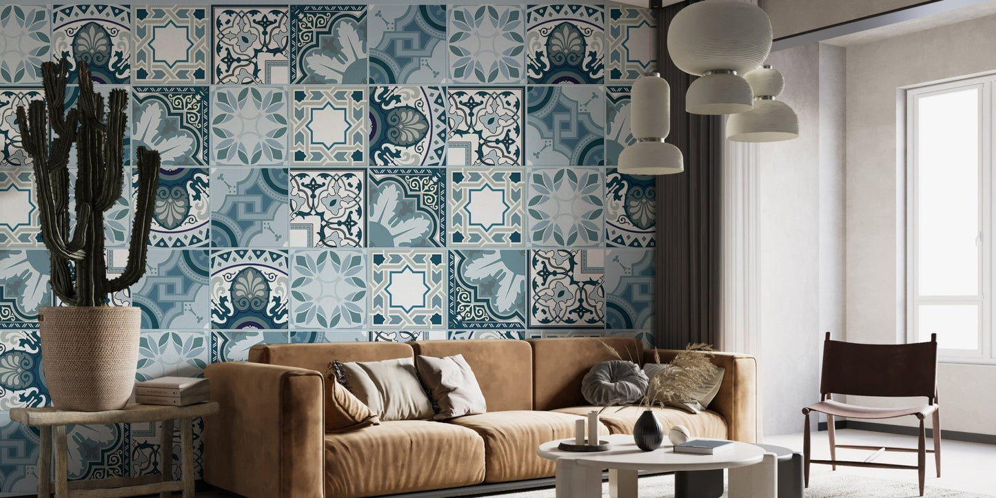 Minimalist living area with blue mosaic wall mural and wooden furniture.