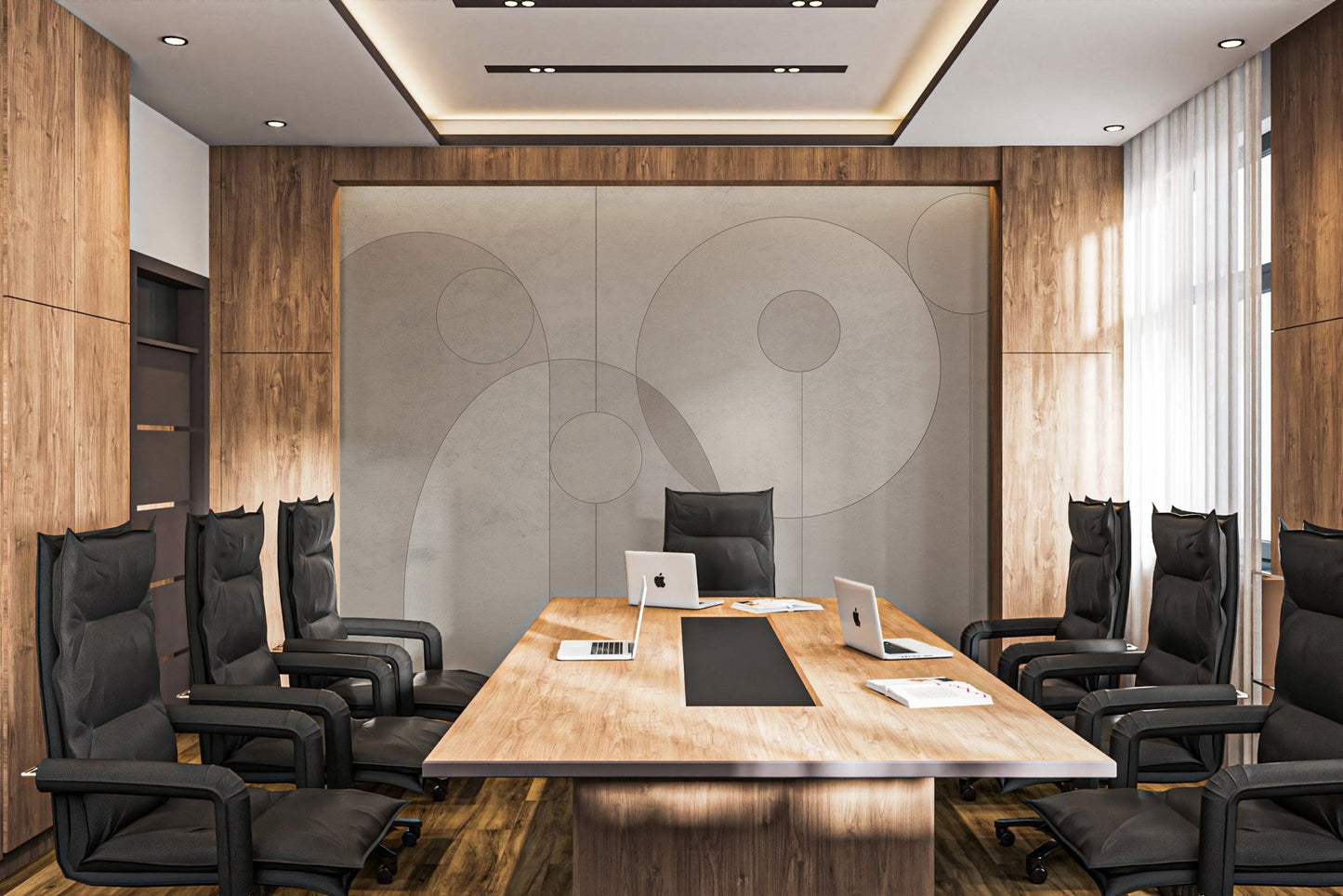 Contemporary meeting space with grey geometric patterned wall mural.