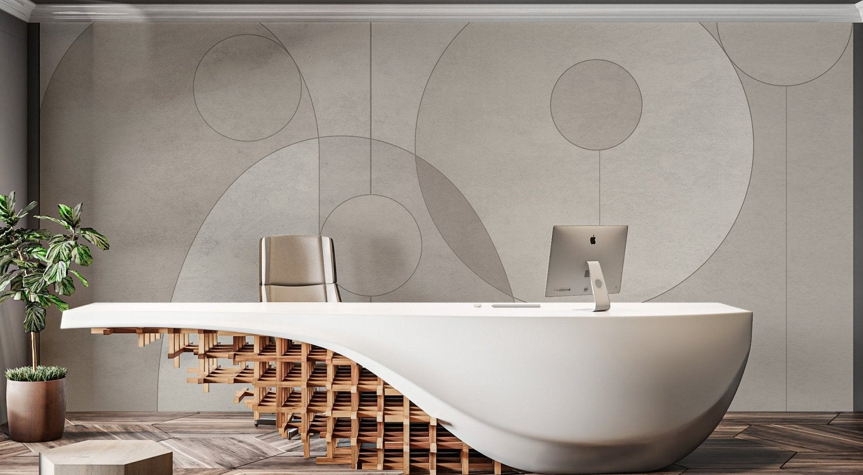 Gray Geometric Pattern Circles Wall Murals in modern office space.