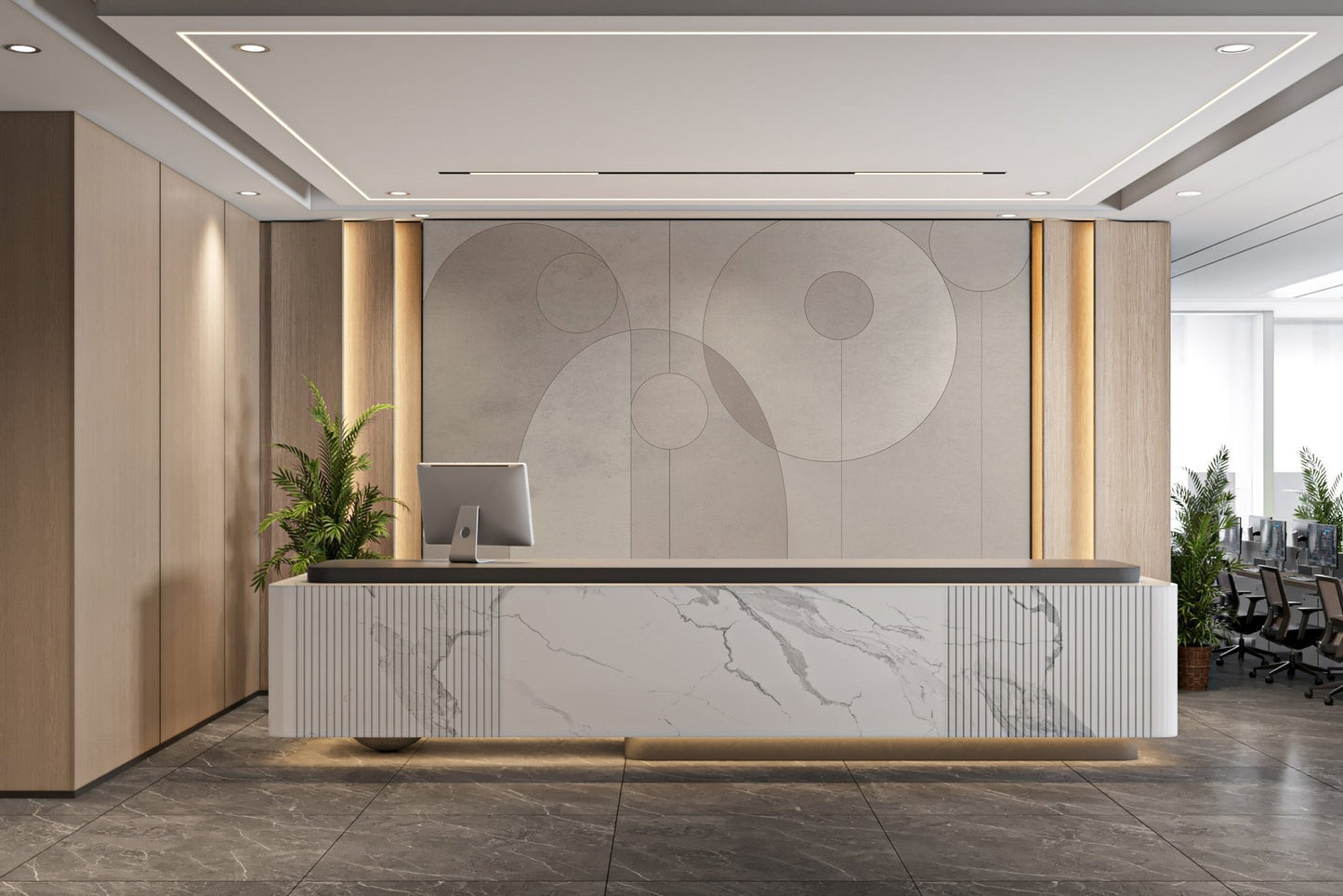 Neutral grey circular overlapping wall mural in a bright modern room.