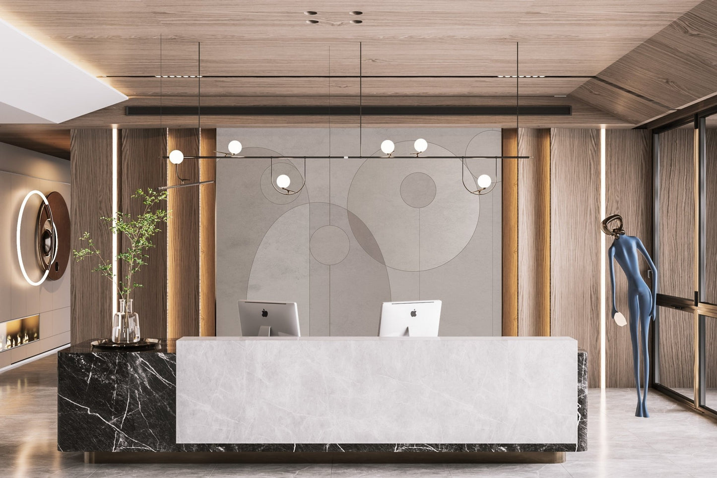 Professional workspace featuring subtle geometric circles wall mural.