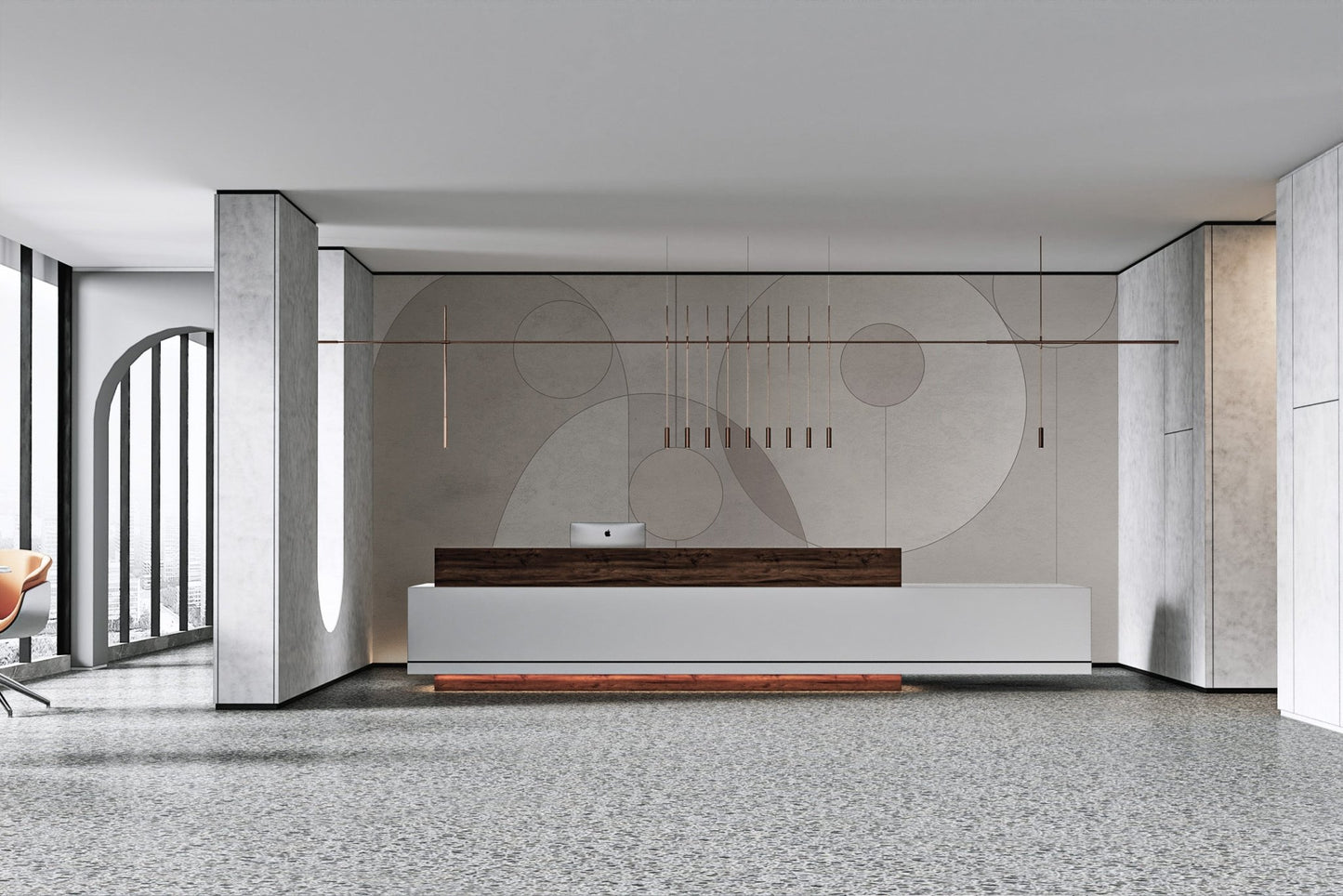 Minimalist grey circular design wall mural in a corporate reception area.