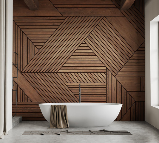 Geometric pattern wooden wall mural with interlocking brown timber slats.