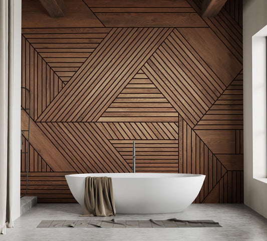 Geometric pattern wooden wall mural with interlocking brown timber slats.