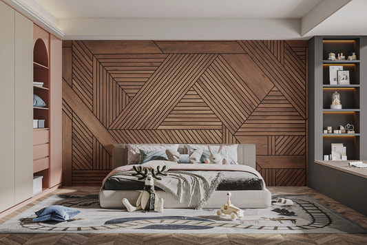 Realistic faux wooden wallpaper featuring a modern triangular pattern.