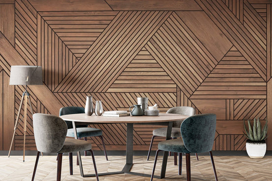 Architectural style faux wooden wallpaper in a neutral brown color.
