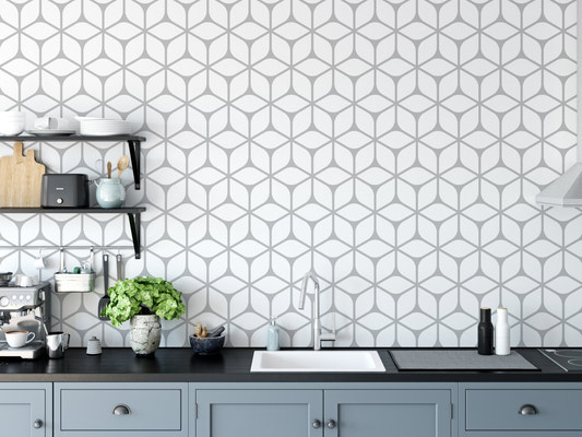Geometric Patterns Wallpaper in a kitchen with blue cabinets