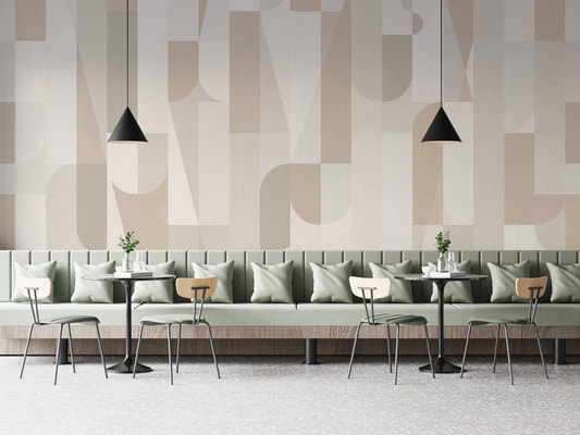 Geometric sepia wall mural in beige and sage color blocks.