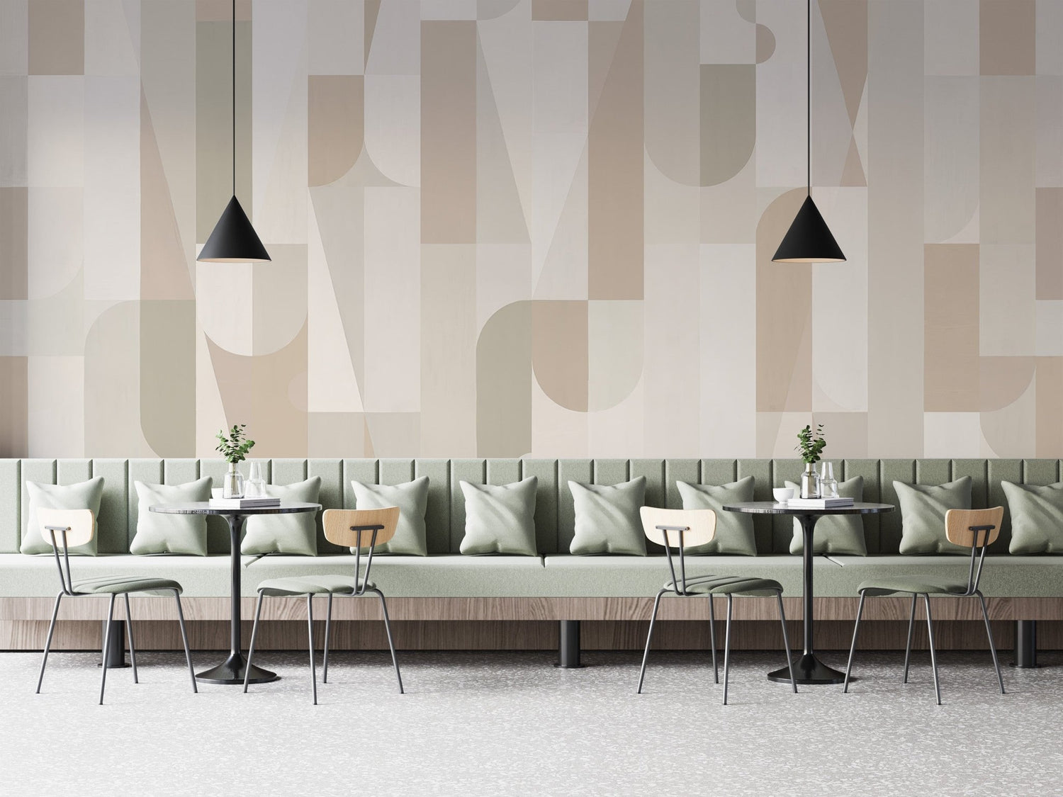 Geometric sepia wall mural in beige and sage color blocks.