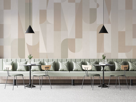 Geometric sepia wall mural in beige and sage color blocks.