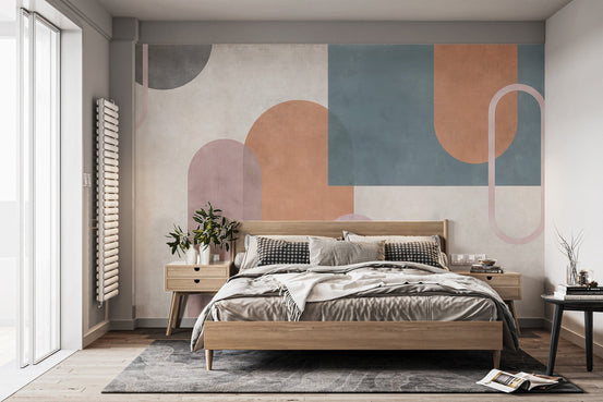 Textured look geometric wallpaper with blue and peach blocks.