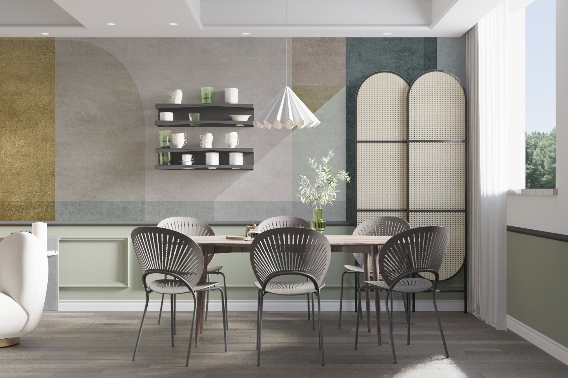 Geometric vector pastel wall mural in a kitchen with marble dining table.