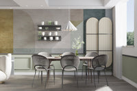 Geometric vector pastel wall mural in a kitchen with marble dining table.