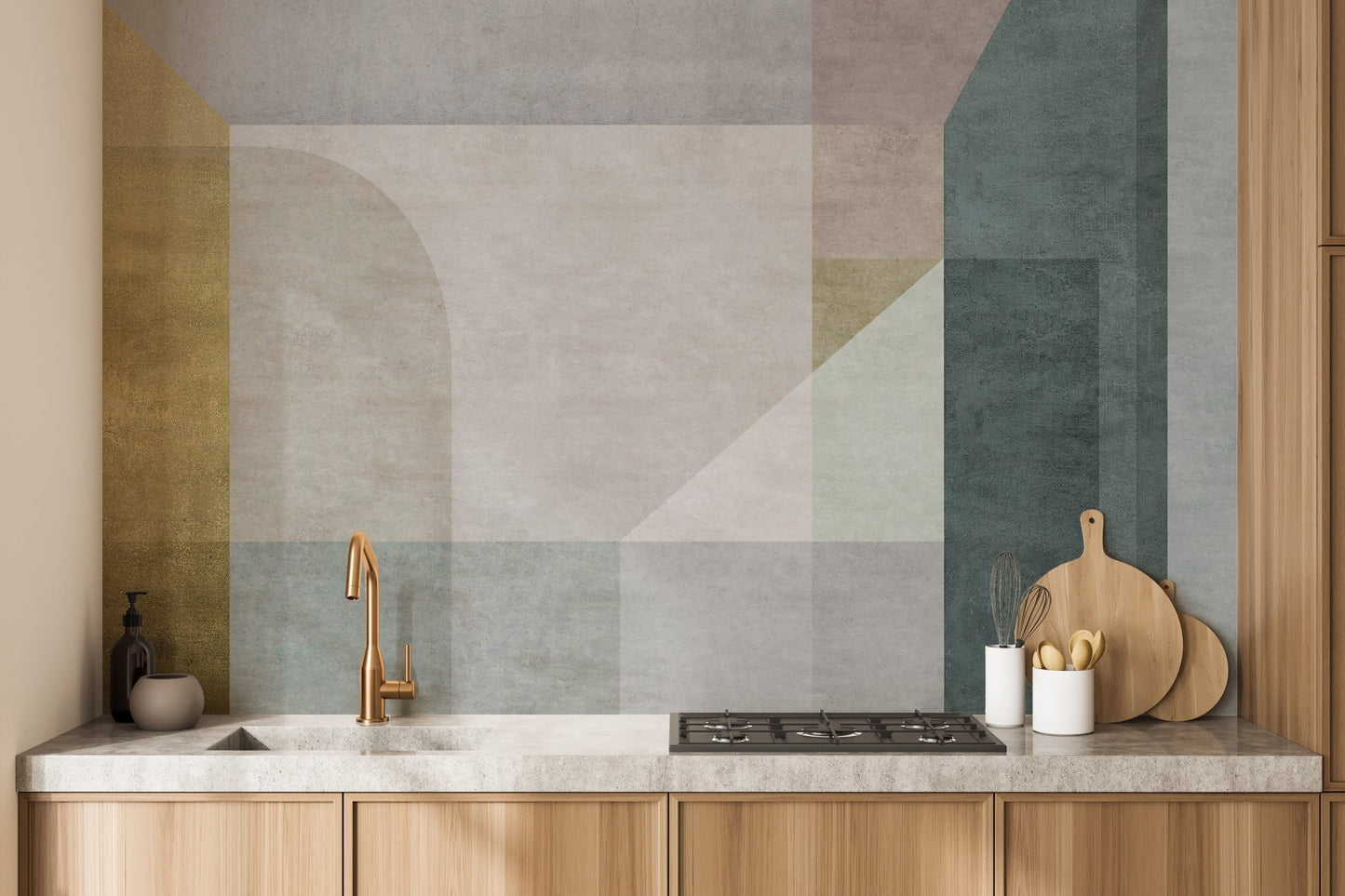 Pastel vector pattern wall mural behind a kitchen counter with wooden cabinets.