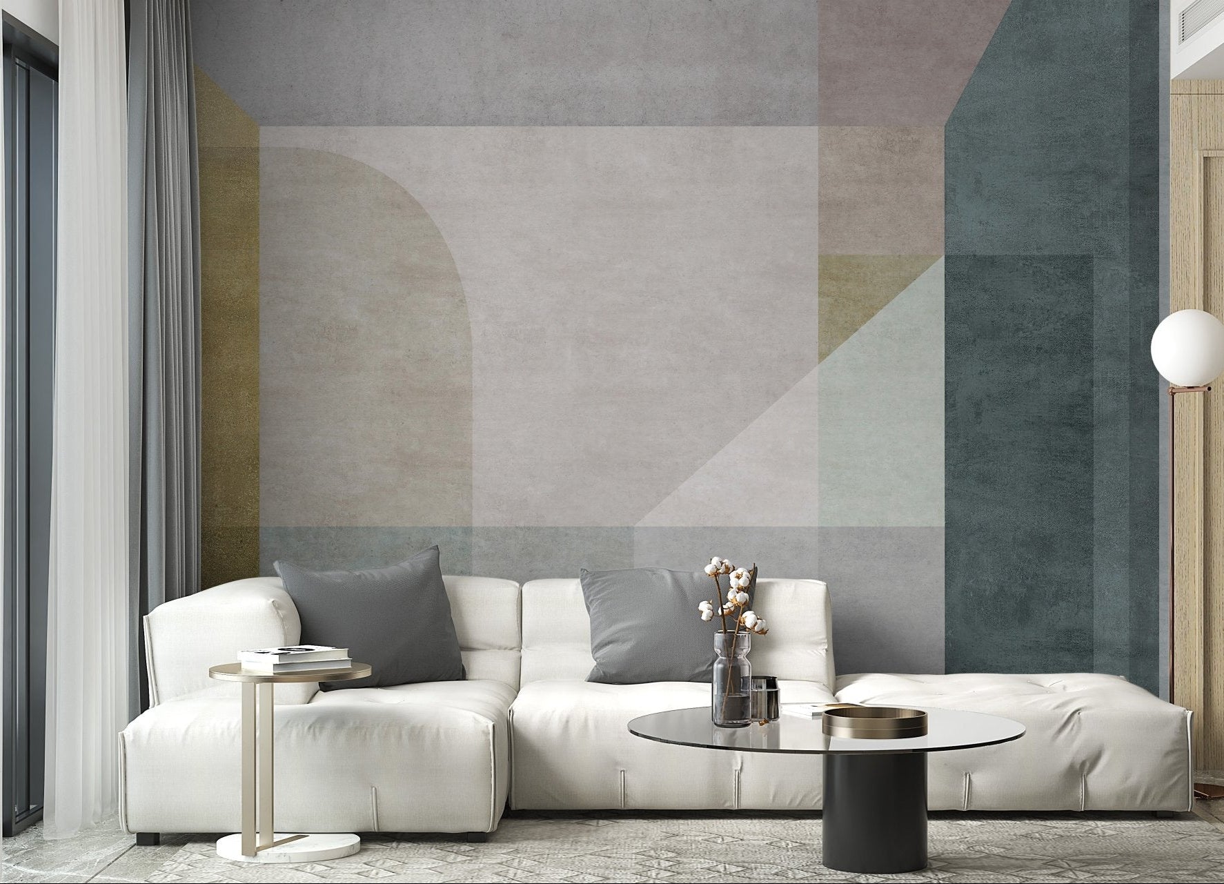 Geometric vector pastel wall mural in a living room with white sofa.