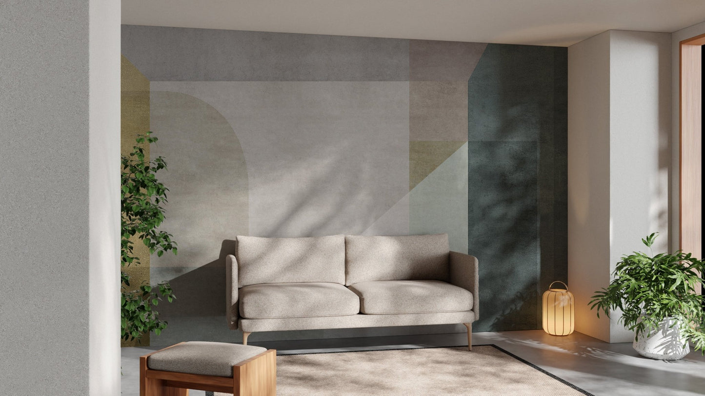 Minimalist vector wall mural behind a grey sofa in a modern living area.