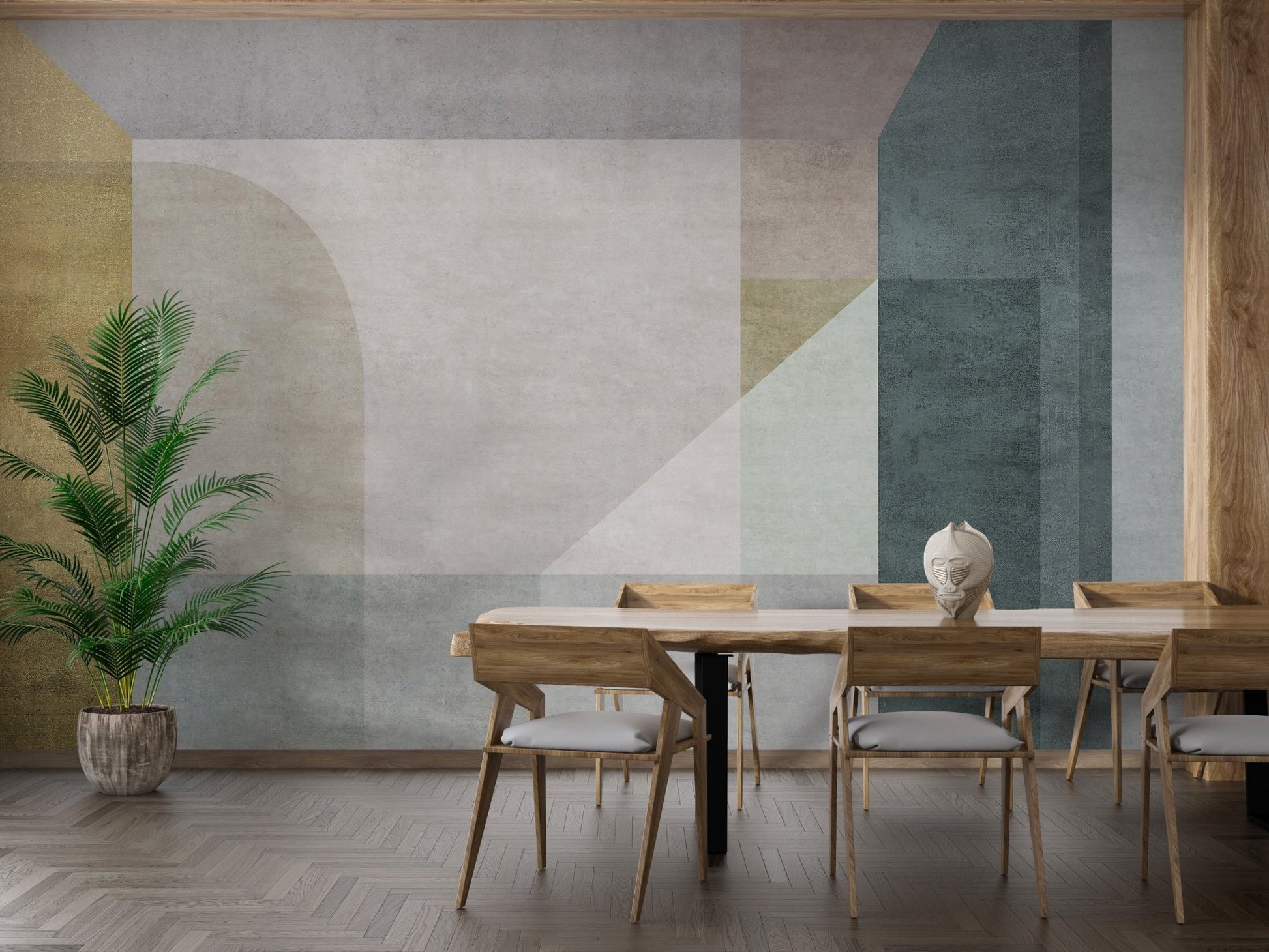 Pastel geometric shapes wall mural in a dining room with table and chairs.