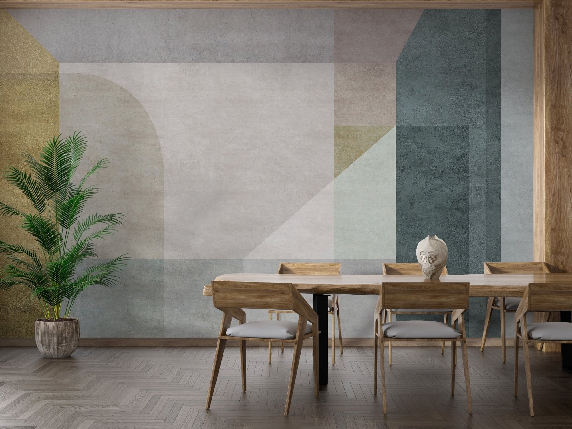 Pastel geometric shapes wall mural in a dining room with table and chairs.