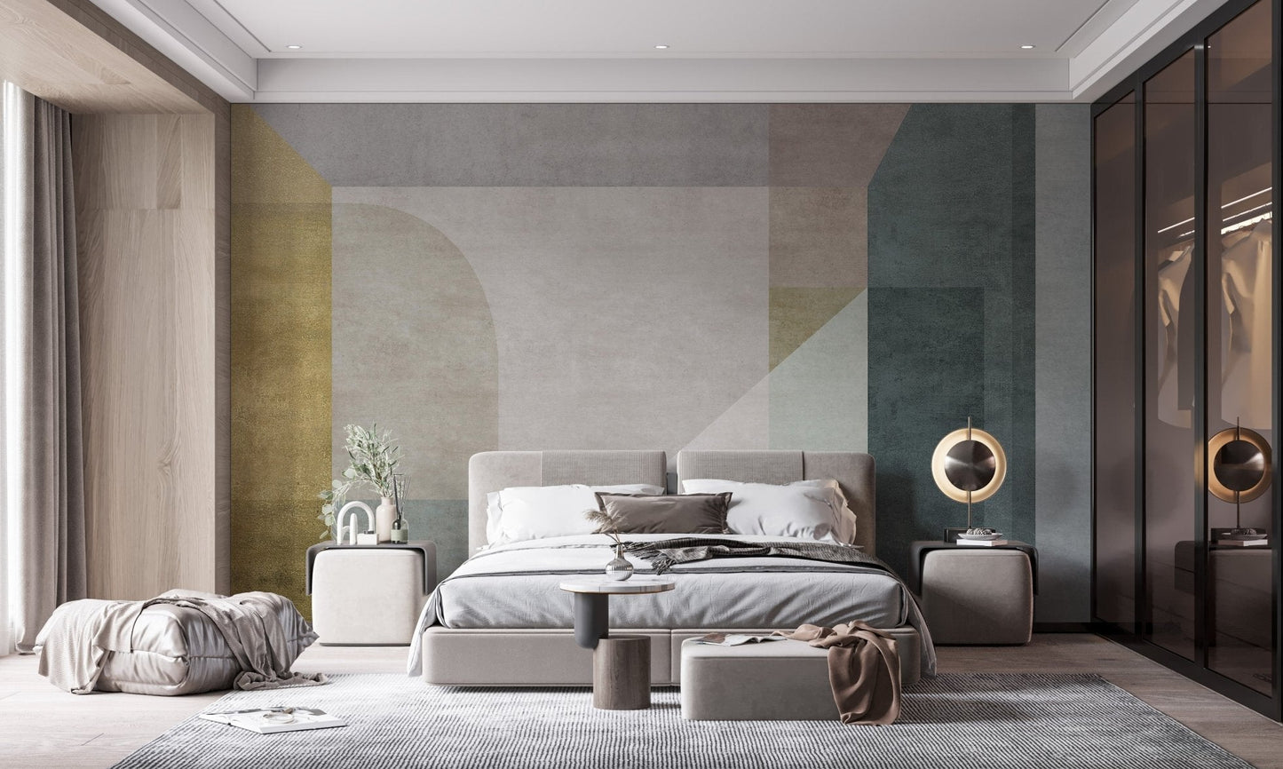 Modern geometric wall mural in a master bedroom with wood wardrobes.