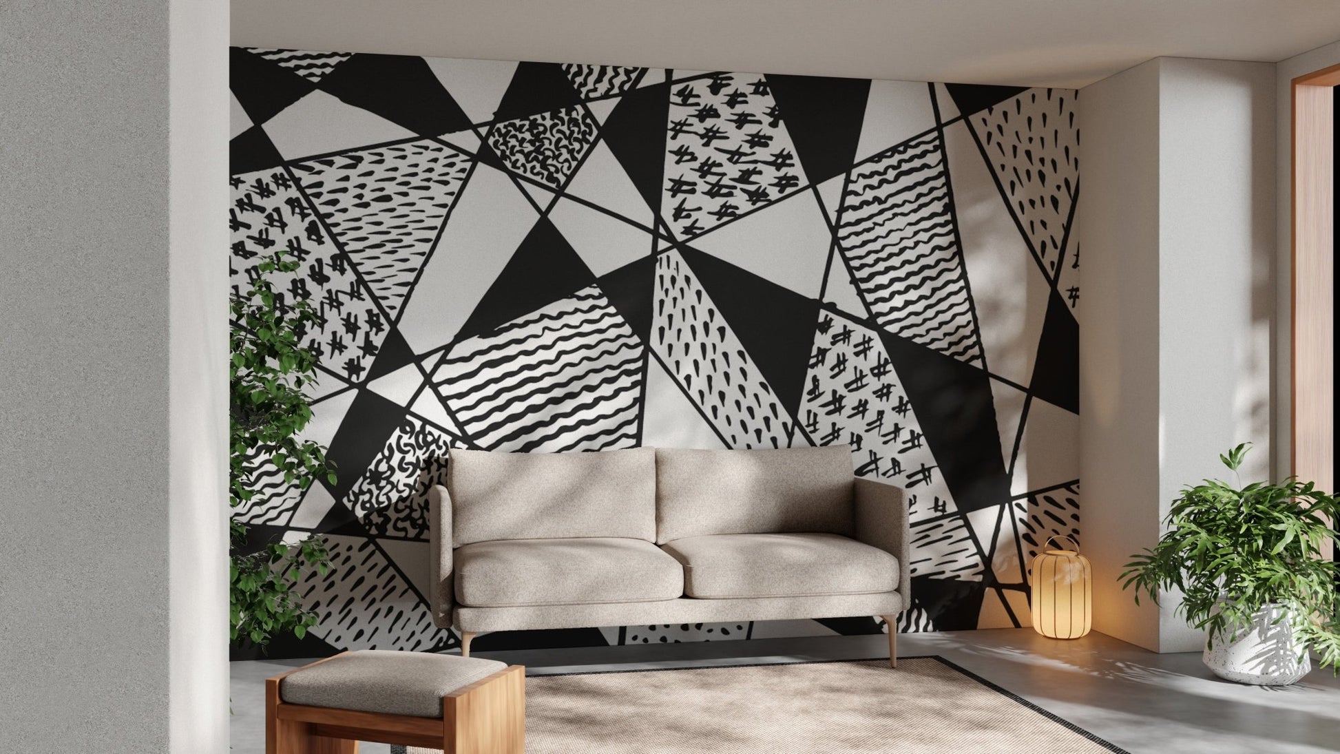 Geometrical patterns mural in black and white for stylish interiors.
