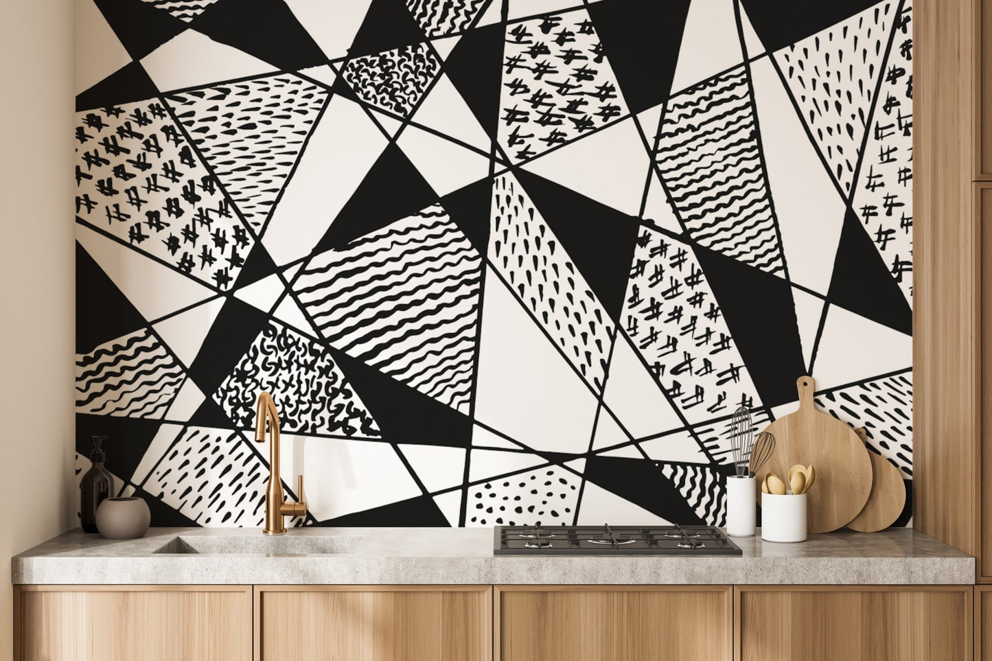 Black and white geometric mural for contemporary wall aesthetics.
