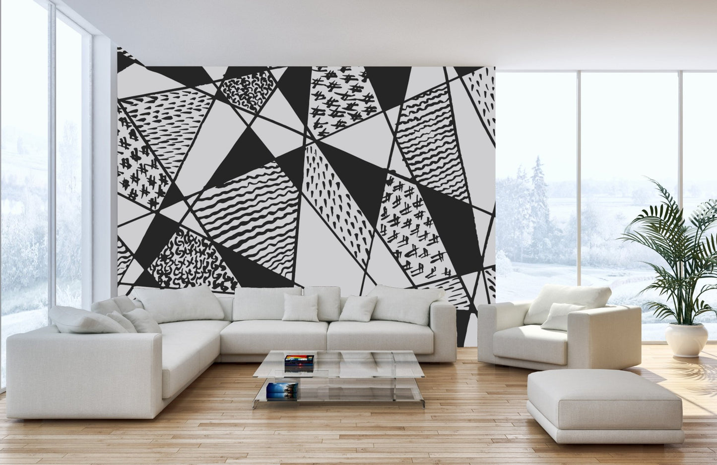 Artistic mural featuring geometric black and white patterns.

