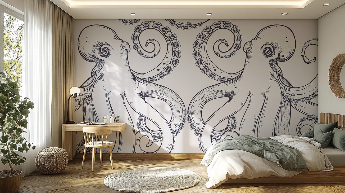 Giant octopus sea wall mural with hand-drawn blue ink details.