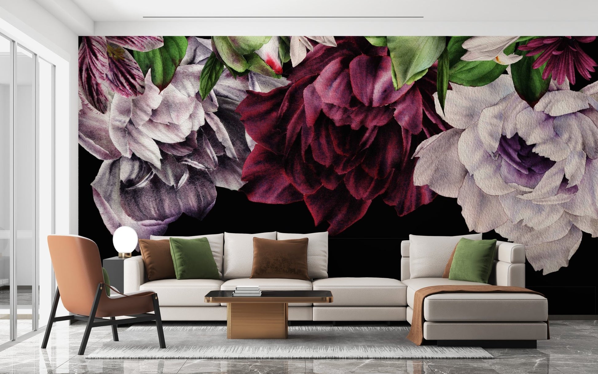 Dramatic Gothic floral mural for bold and sophisticated living area decor.

