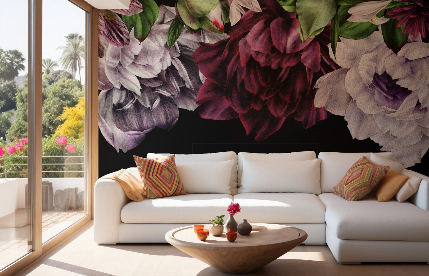 Moody gothic floral wall mural in an open plan living space with light wood floors.