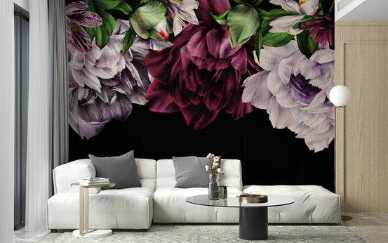 Gigantic Gothic Floral Art Wall Mural in a white living room with a sectional sofa.