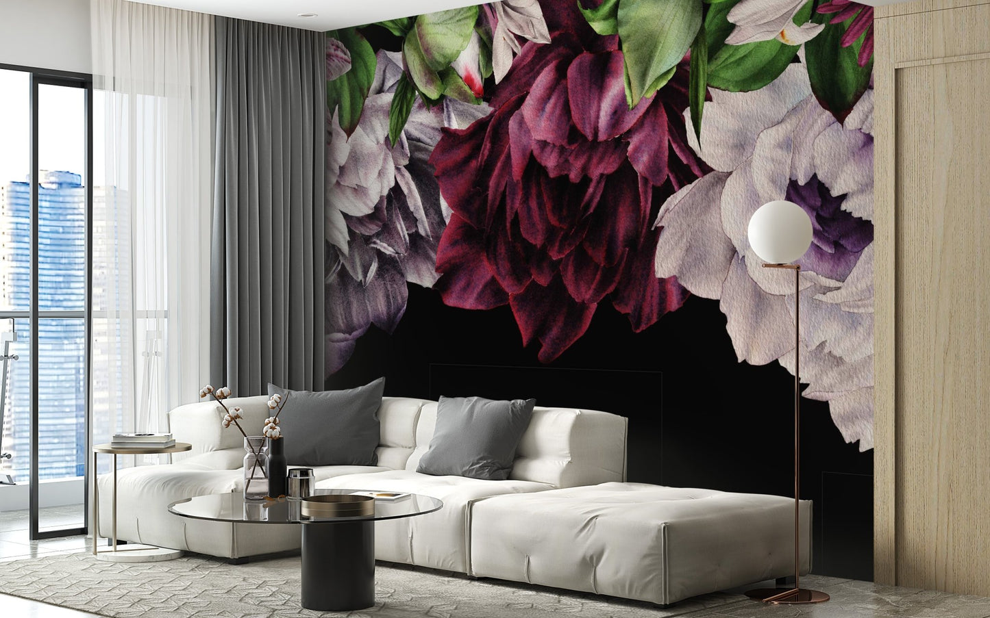 Black background gothic floral wall mural in a minimalist sitting area with grey cushions.
