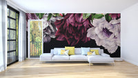 Plum and lavender floral wall mural in a bright apartment living with large windows.