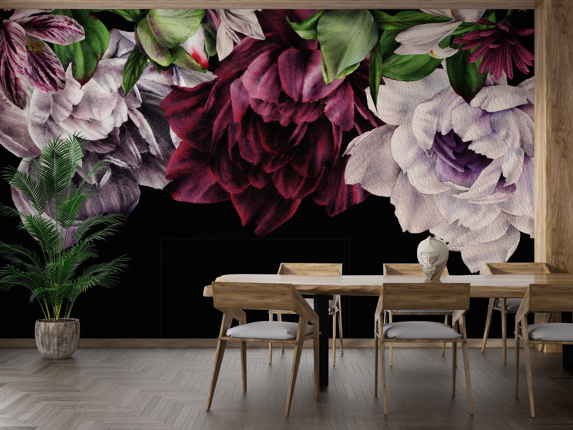Large scale floral wall mural behind a wooden dining table and six chairs.