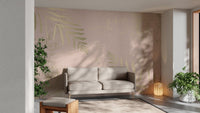 Elegant pink and gold leaf mural with gilded floral patterns for living area.
