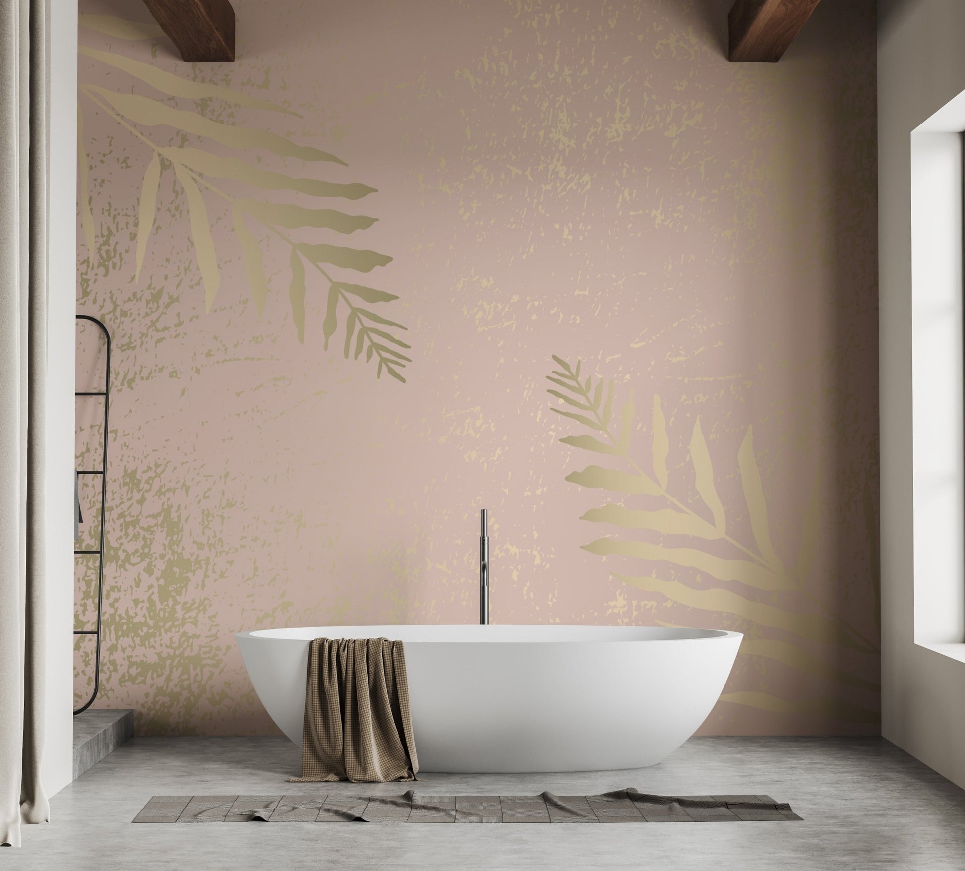 Pink and gold mural featuring artistic gilded blossom designs in bathroom.
