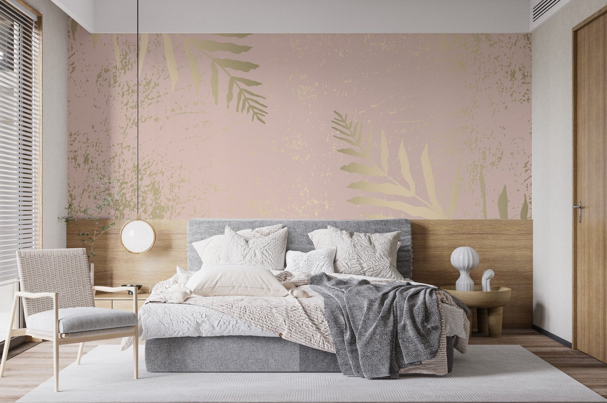 Gilded blossom mural with pink and gold leaf accents for bedroom decor.
