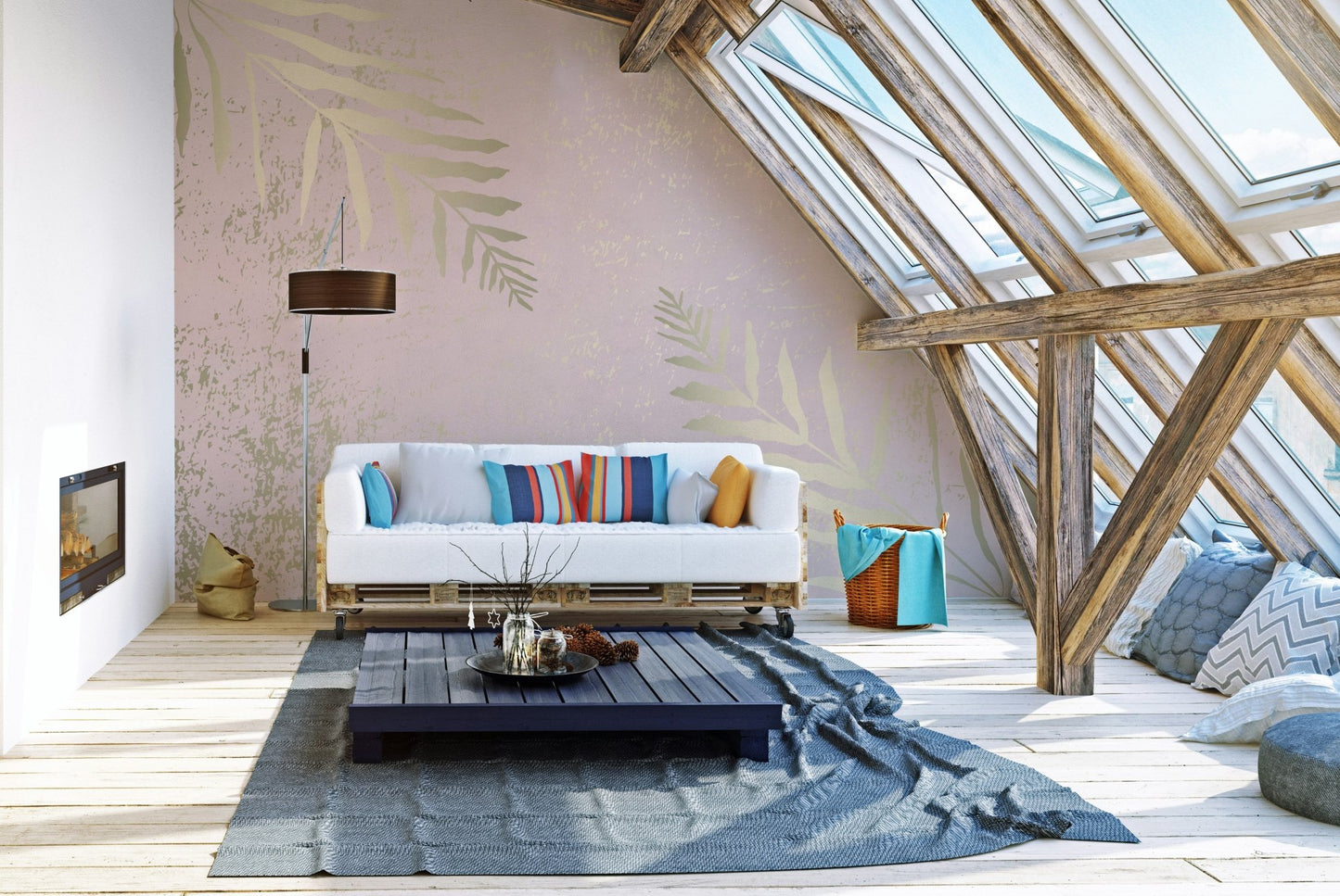 Gilded pink blossom mural adding sophistication to modern attic interiors.
