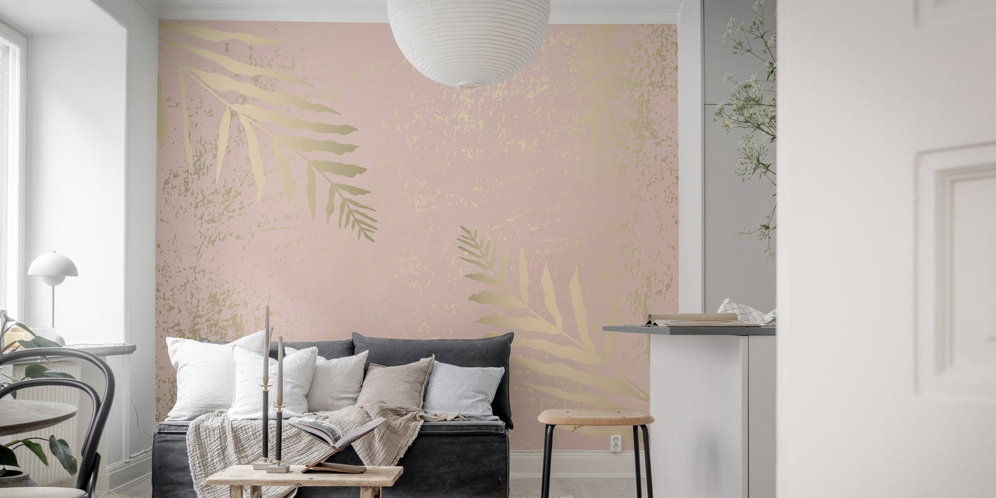 Artistic mural featuring gilded blossoms with pink and gold tones in living room.
