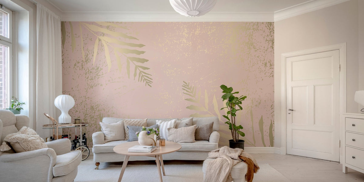 Gilded blossom mural with pink hues and gold leaf details for living room walls.

