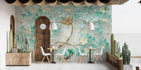 Cafe interior with artistic butterfly garden wall mural and plants