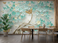 Wooden dining table set against a floral butterfly wall mural