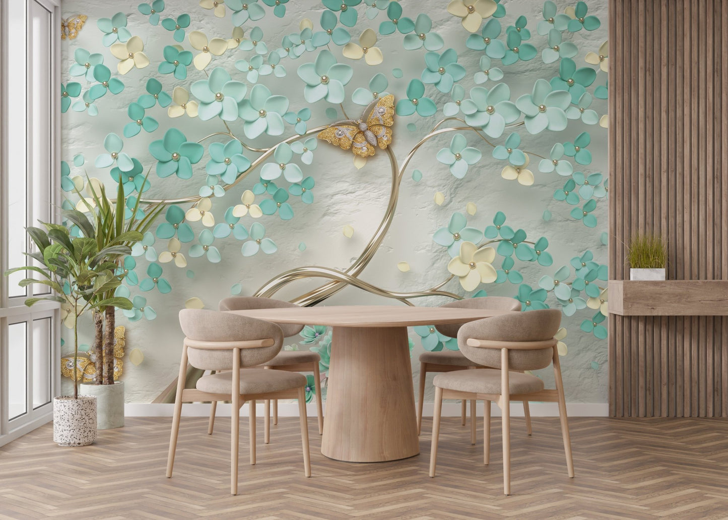 Minimalist dining space with floral butterfly wall mural