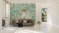 Living room with teal floral and Gilded Butterfly Garden Wall Mural
